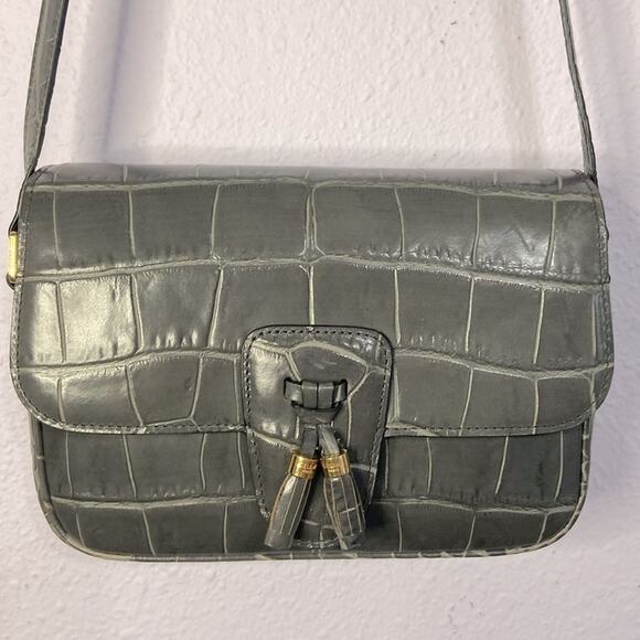 Authentic Celine Women Gray Anthracite Croc Embossed Leather Tassel Handbag - Picture 5 of 15